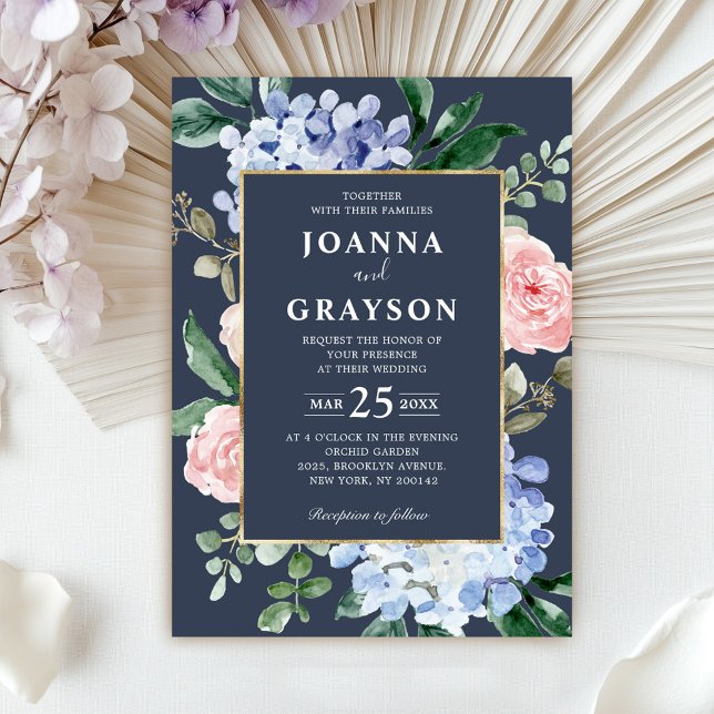 Blaue Hydrangeas Pastellrosa Rosen Hochzeit in Einladung (Dusty blue hydrangeas pastel pink roses wedding in invitation)