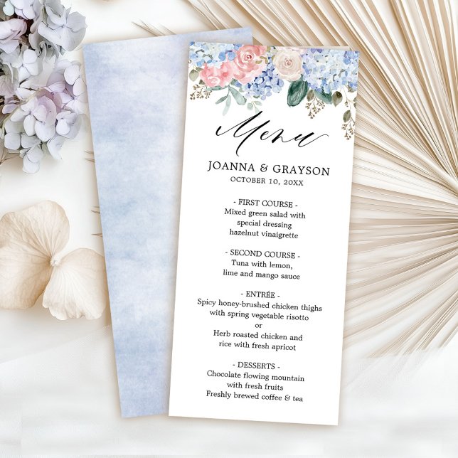Blaue Hydrangeas Pastellrosa Rosen Hochzeit Menükarte (Dusty blue hydrangeas pastel pink roses wedding menu)