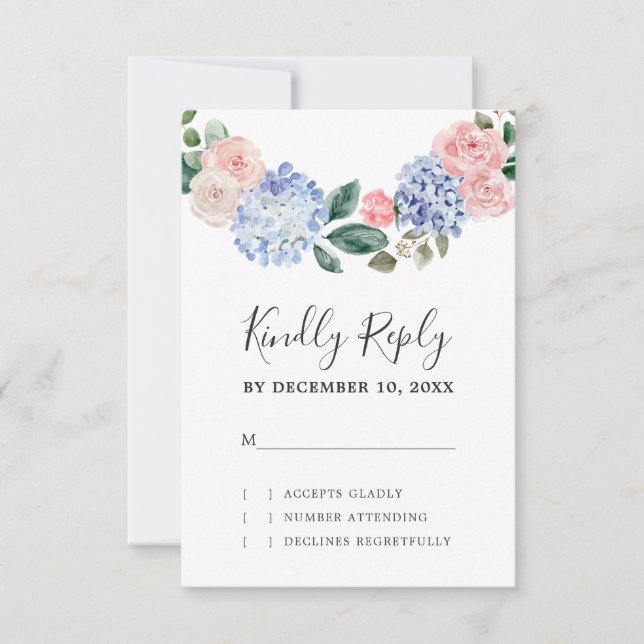 Blaue Hydrangeas Pastellrosa Rosen Hochzeit RSVP Karte (Vorderseite)