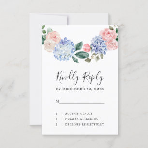 Blaue Hydrangeas Pastellrosa Rosen Hochzeit RSVP Karte