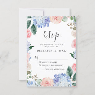 Blaue Hydrangeas Pastellrosa Rosen Hochzeit RSVP Karte