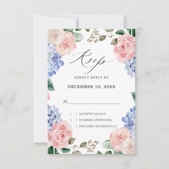 Blaue Hydrangeas Pastellrosa Rosen Hochzeit RSVP Karte (Vorderseite)