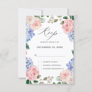 Blaue Hydrangeas Pastellrosa Rosen Hochzeit RSVP Karte