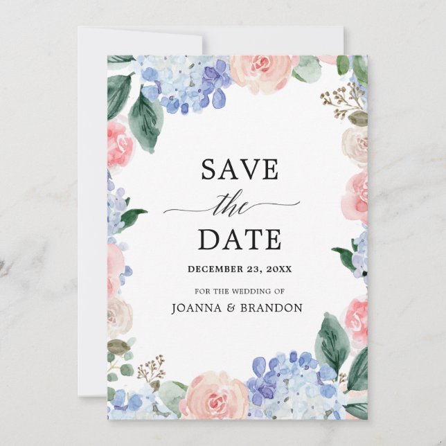 Blaue Hydrangeas Pastellrosa Rosen Hochzeit Save The Date (Vorderseite)