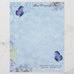 Blaue Hydrangeas, Schmetterling u. Briefkopf
