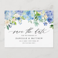 Blaue Hydrangeas und Elfenbein-Rose Save the Date