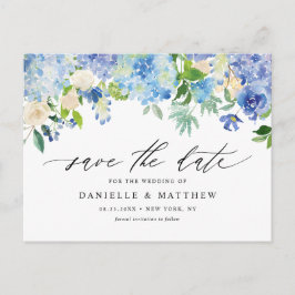 Blaue Hydrangeas und Elfenbein-Rose Save the Date Postkarte