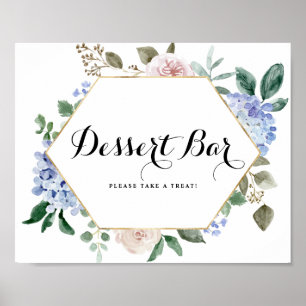 Blaue Hydrangeas und rosa Rosen Gold Dessert Bar Poster