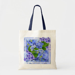 Blaue Hydrangeas und Schmetterlinge Tragetasche