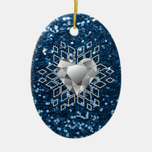 Blaue Imitat-Glitter-Diamant-Herz-Schneeflocke Keramikornament