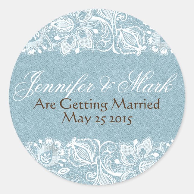 Blaue Imitate Leinen Burlap & White Floral Lace Runder Aufkleber (Vorderseite)