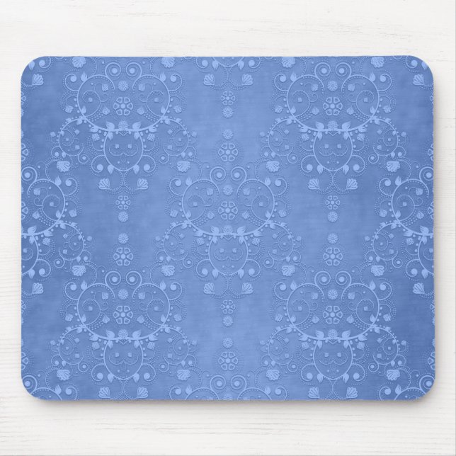 Blaue Immergrün-Blumen-Damask-Muster Mousepad (Vorne)