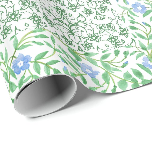 Blaue Immergrün-Blumen Vintage-Faux-Patchwork Geschenkpapier (Rolleneckpunkt)