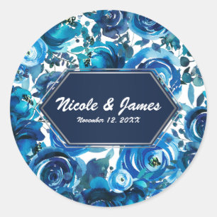 Blaue Indigo Blumen Florale Elegante Schicke Hochz Runder Aufkleber