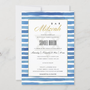 BLAUE INDIGO STRIPES PATTERN BAT BAR MITZVAH EINLA DANKESKARTE