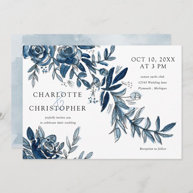 Blaue indigofarbene Blume Einladung (Vorne/Hinten)