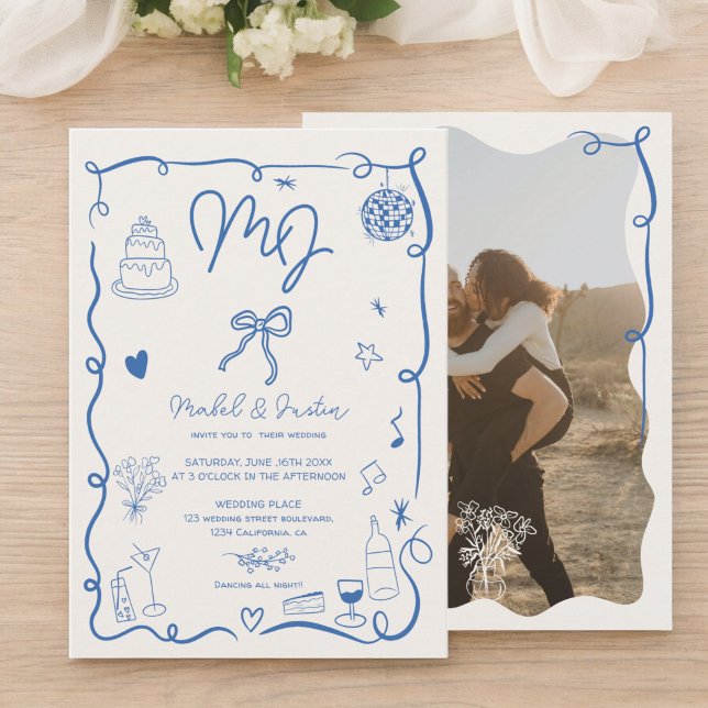 Blaue Initialen handgezeichnete Hochzeit illustrie Einladung (Blue initials handdrawn illustrated photo wedding invitation)