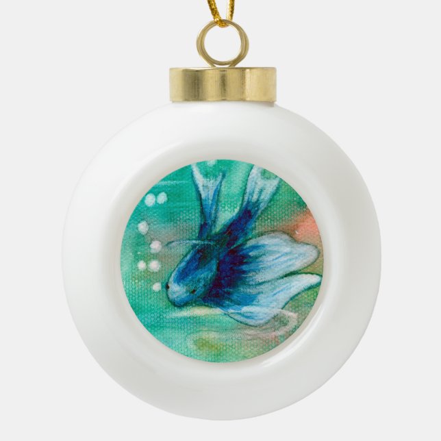 Blaue Inky Betta Fische Keramik Kugel-Ornament (Vorderseite)
