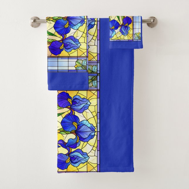 Blaue Iris-Blumen-Buntglas-Handtuch-Set Badhandtuch Set (Insitu)