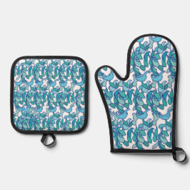 Blaue Jade Reben-Blumen-Blüten Ofenhandschuh & Topflappen-Set