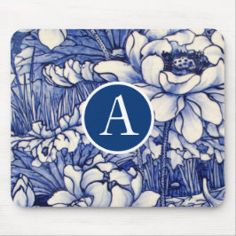 BLAUE JAPANESISCHE FLORALISCHE DESIGN DIY INITIAL  MOUSEPAD
