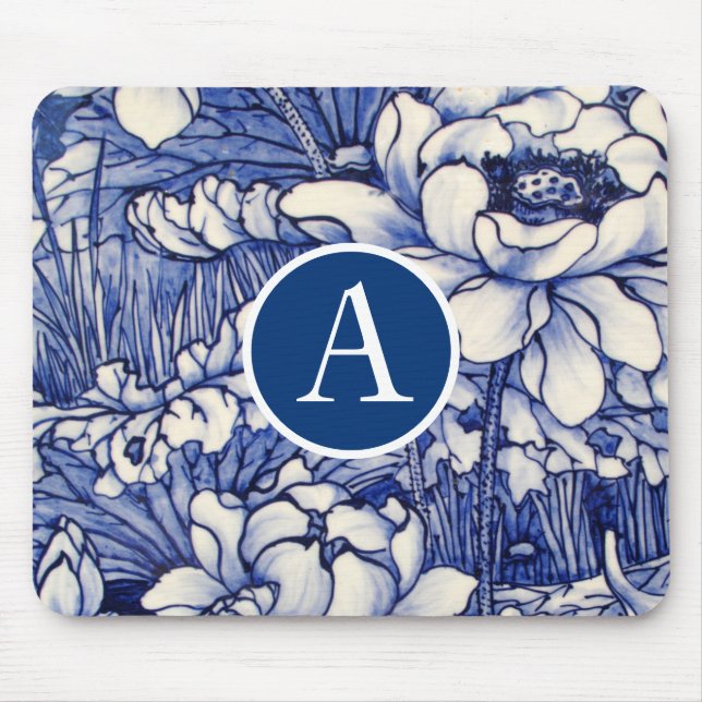 BLAUE JAPANESISCHE FLORALISCHE DESIGN DIY INITIAL  MOUSEPAD (Vorne)