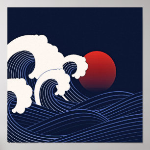 Blaue japanische Waves mit Zeichnend Red Moon Poster