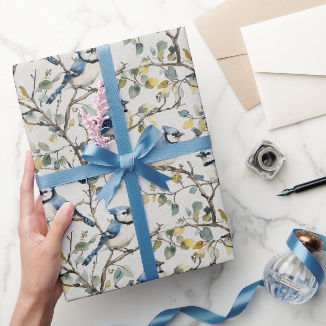 Blaue Jay Bird Branchen und Blüten Geschenkpapier (Schenken)