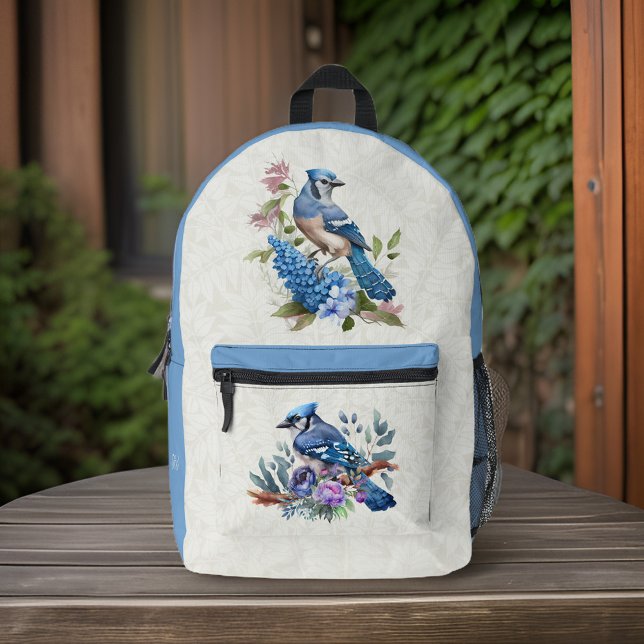 Blaue Jay Blume und optionale Monogramm-Initialen Bedruckter Rucksack (Von Creator hochgeladen)
