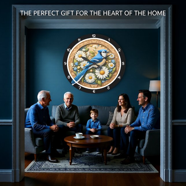 Blaue Jay Daisy Erbe Große Wanduhr (Von Creator hochgeladen)