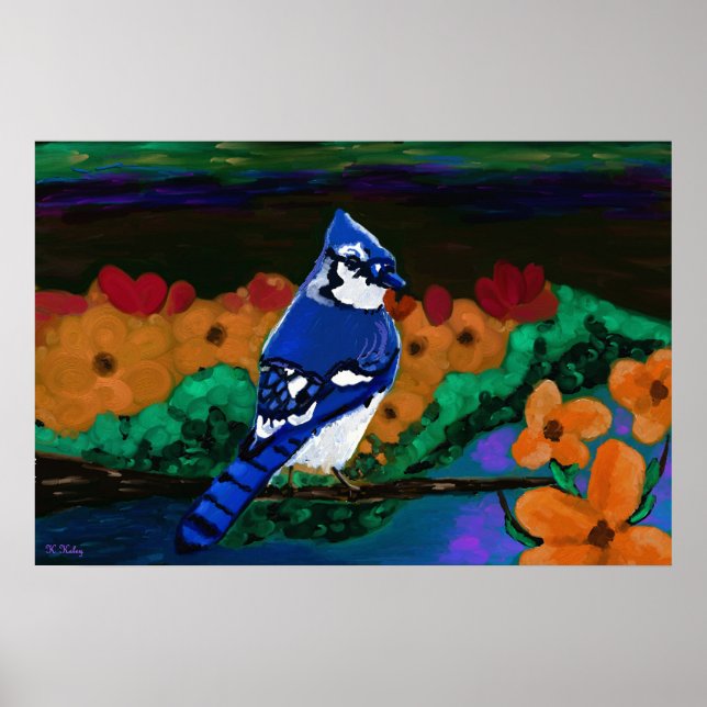 Blaue Jay in orangen Blume drucken Poster (Vorne)
