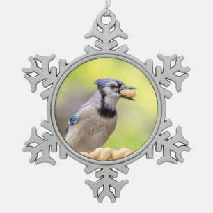 Blaue Jay mit Erdnuss Schneeflocken Zinn-Ornament
