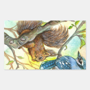 Blaue Jay und Eichhörnchen Rechteckiger Aufkleber