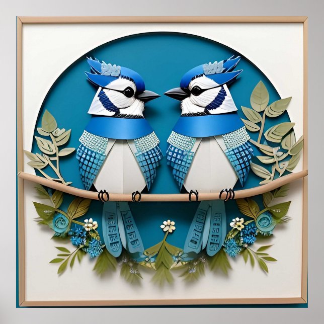 Blaue Jay unter Blumendetails Poster (Vorne)