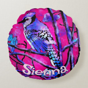 Blaue Jay-Vogelbaumzweig Rosa Personalisiert Rundes Kissen