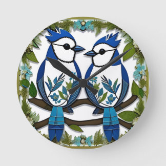Blaue Jay Vogelpapier Art Runde Wanduhr