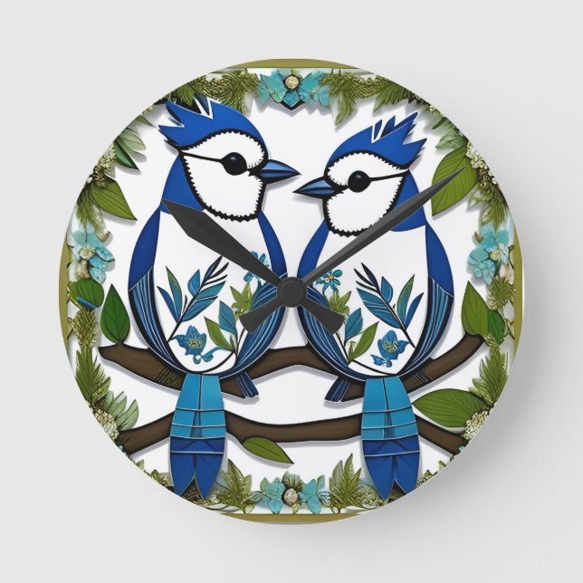 Blaue Jay Vogelpapier Art Runde Wanduhr (Vorderseite)