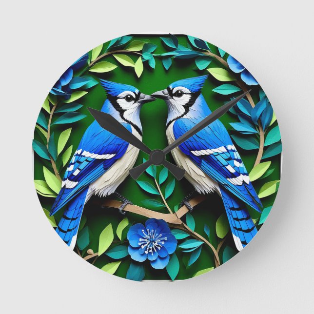 Blaue Jay Vogelpapier Art Runde Wanduhr (Vorderseite)