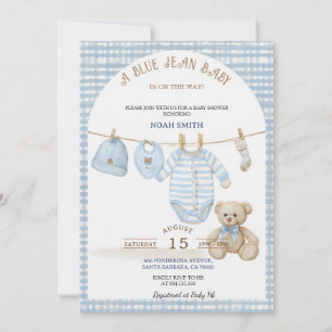 Blaue Jeans-Baby-Einladung Blaues Gingham Te Einladung