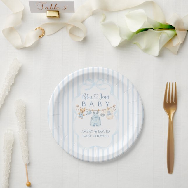 Blaue Jeans-Baby-Party Junge Moderne Streifen Pappteller (Hochzeit)
