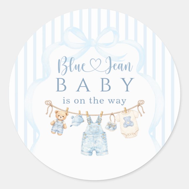 Blaue Jeans-Baby-Party Junge Moderne Streifen Runder Aufkleber (Vorderseite)