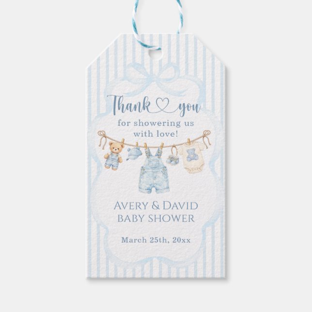 Blaue Jeans Baby Shower Junge Moderne Streifen Geschenkanhänger (Vorderseite)