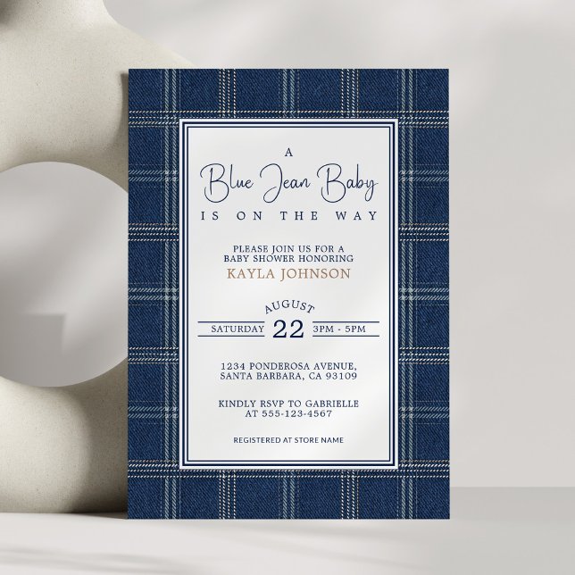 Blaue Jeans Baby Shower Vornehm Kariert Skript Einladung (Von Creator hochgeladen)