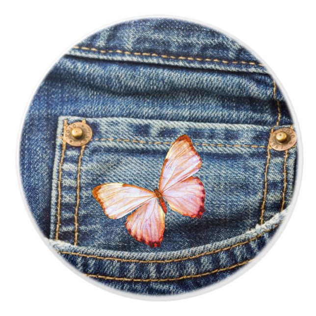 Blaue Jeans-Denim-Blick und hübscher Schmetterling Keramikknauf (Vorderseite)