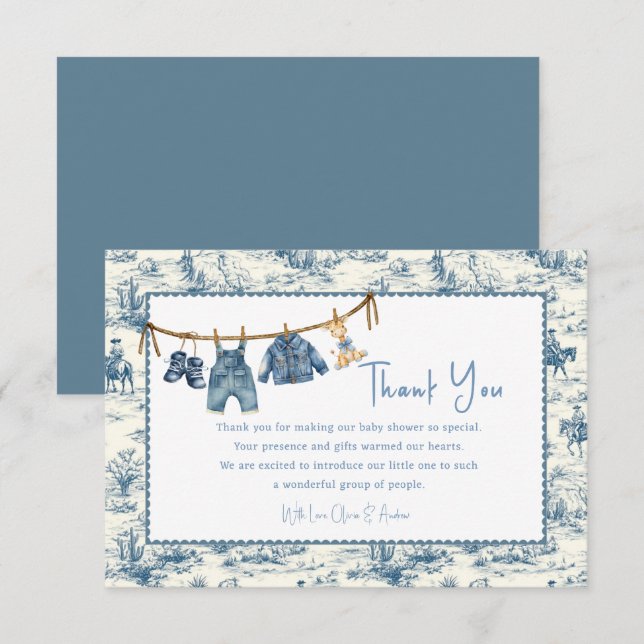 Blaue Jeans-Denim-Junge-Baby-Shower-Dankeskarten (Vorne/Hinten)