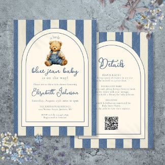 Blaue Jeans-Denim-Teddybär-QR-Code-Baby-Shower-Ein Einladung