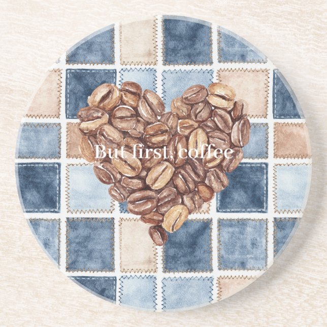 Blaue Jeans-Imitat-Creme-First-Kaffeebohnen-Herz Getränkeuntersetzer (Vorne)