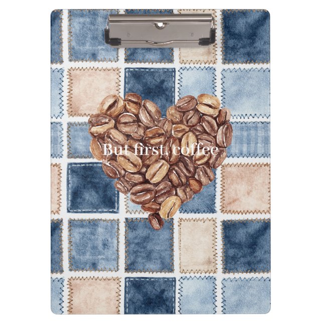 Blaue Jeans-Imitat-Creme-First-Kaffeebohnen-Herz Klemmbrett (Vorderseite)