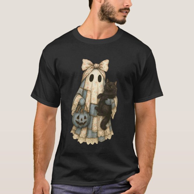 Blaue Jeans-Katze Schwarzer Geist Patchwork Hallow T-Shirt (Vorderseite)