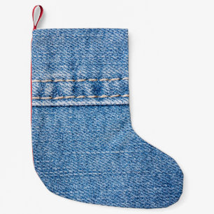 Blaue Jeans nähen Textur in der Nähe. Kleiner Weihnachtsstrumpf